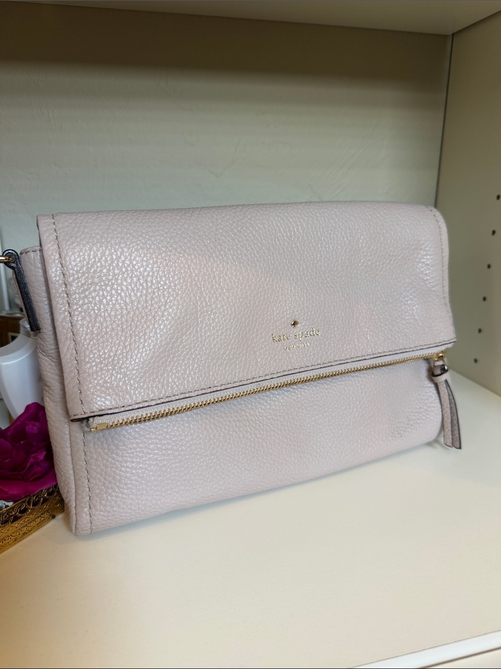 kate spade Pale Pink Pebbled Leather Foldover Clutch with Gold Hardware